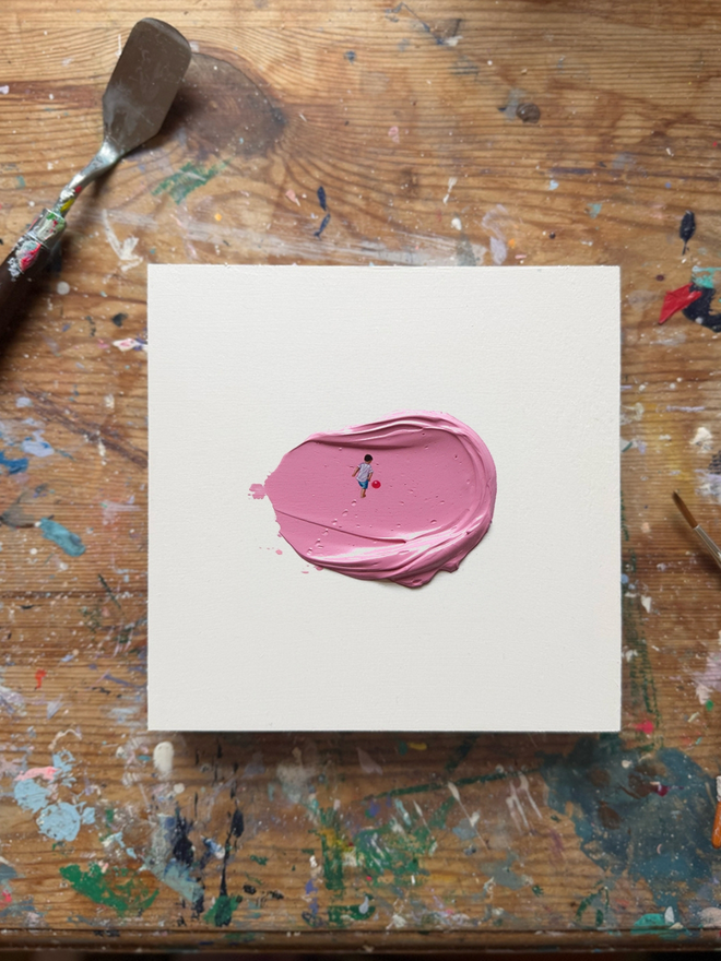 'Play Ball' Art Splat Piece. Textured painting of little boy playing ball.