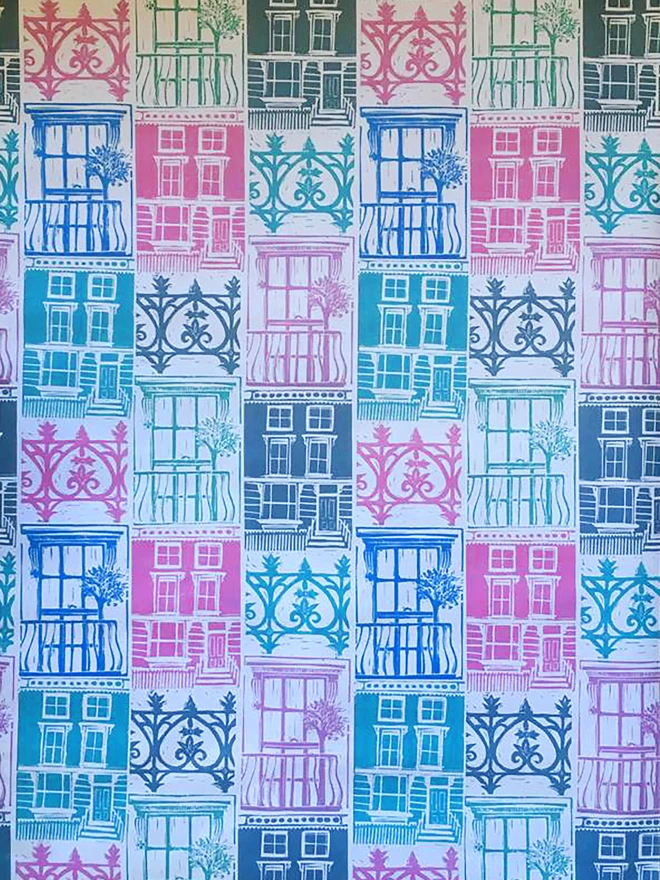 Pastel shades London houses wrapping paper lino cut by Kate Guy