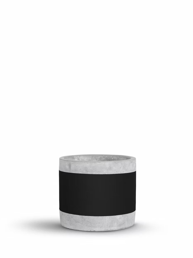 coloured middle concrete plant pot. a grey concrete plant pot with a black stripe around the middle.