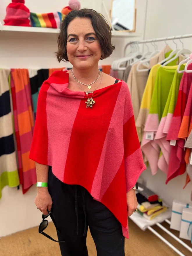 Red & Pink Poncho worn on customer