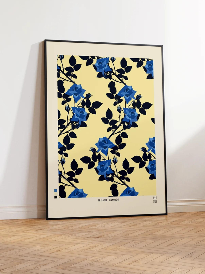 blue roses on cream background Giclee print