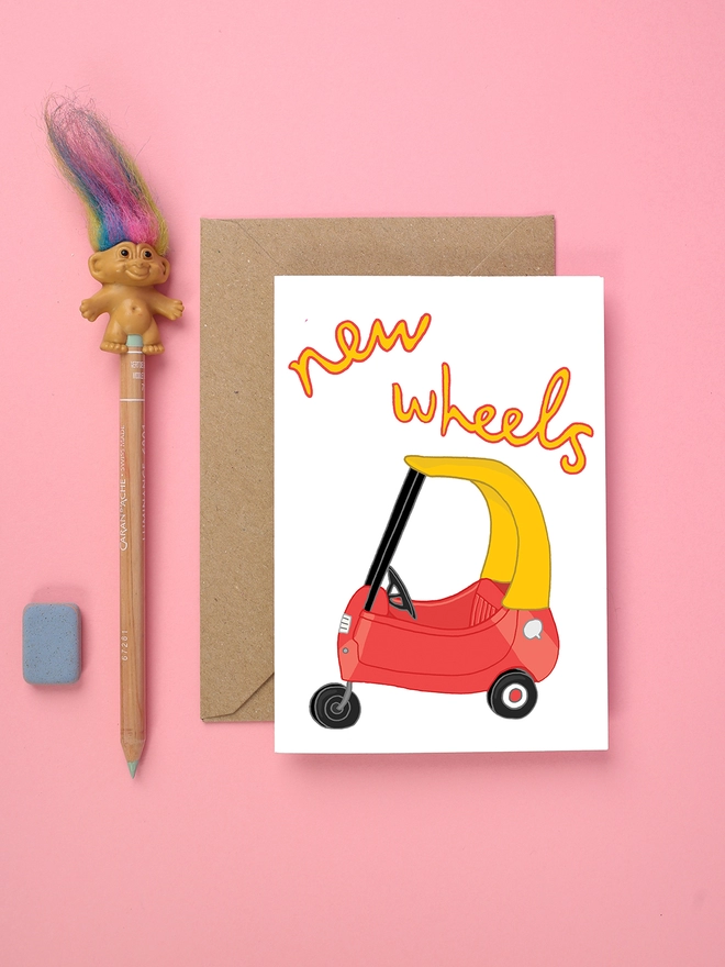 Bright card for new driver or passing a driving test featuring classic toy car from 1980s