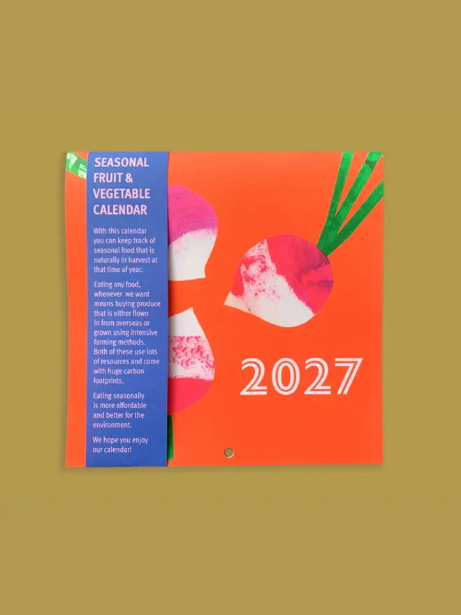 Seasonal Fruit & Vegetable 2027 Calendar, on a green background. 