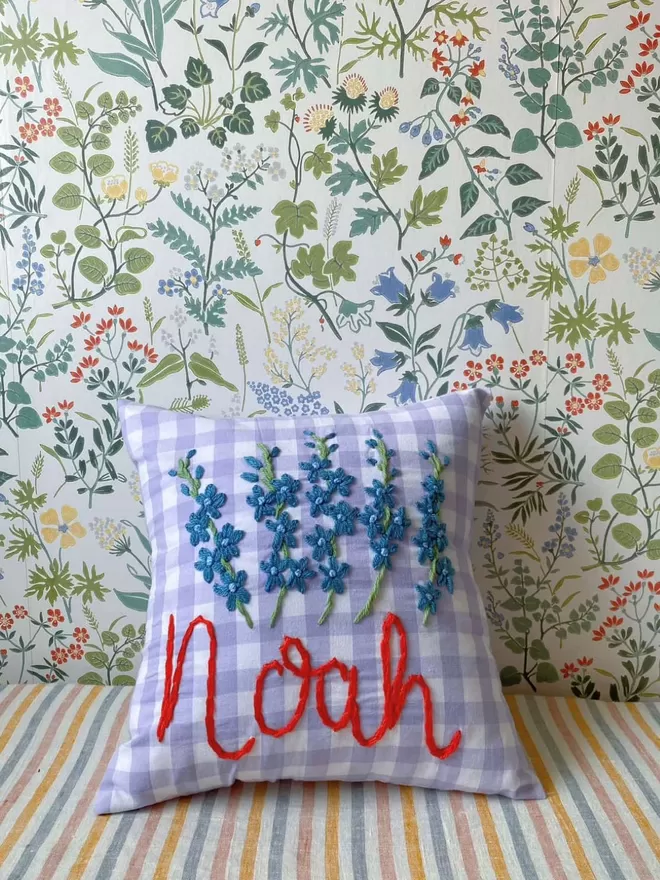 Gingham Lilac Birth Flower Cushion kids decor embroidery 