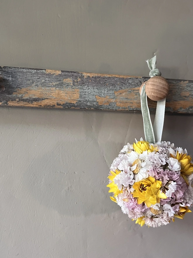 Handmade Dried Flower Bauble – Yellow & Pink Floral Hanging Decoration