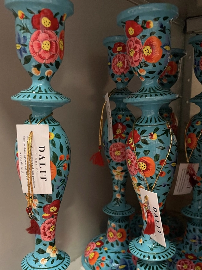 12'' Turquoise Floral Wooden Candle Stick Holder 
