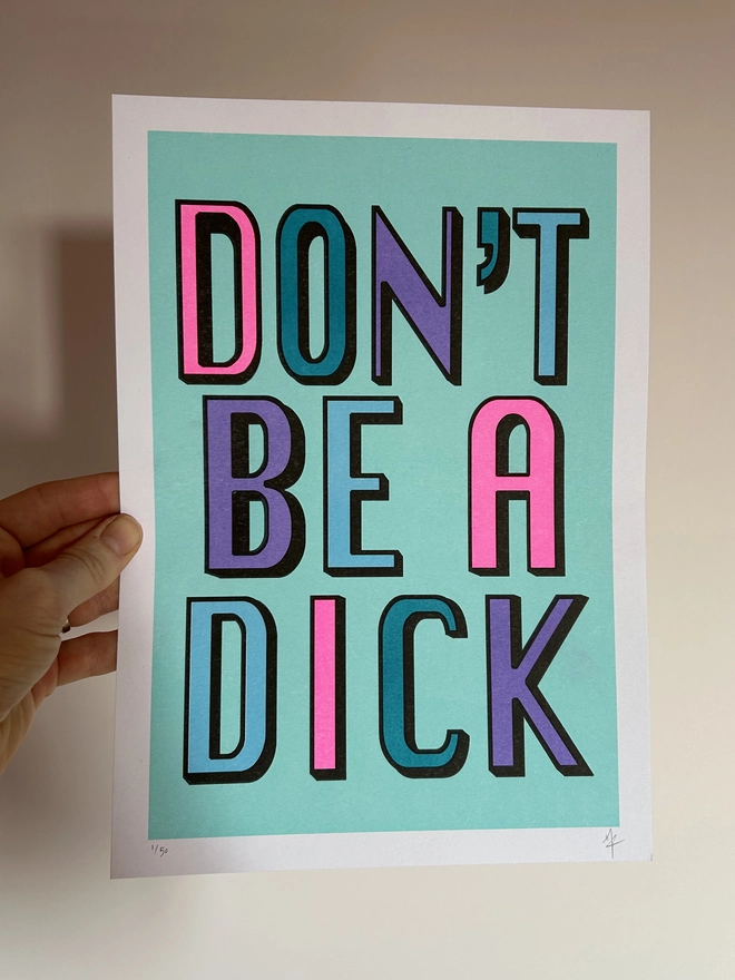 Don't Be a Dick Riso Print in Neon Minty Brights