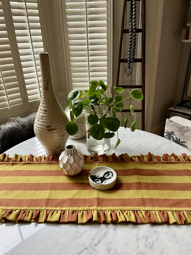 Rust and mustard stripe ruffled table runner 