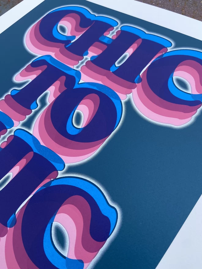 "Chic To Chic" Hand Pulled Screen Print in dark blue back ground square with the words chic to chic printed on top in retro lettering with different shades of pink and a white outline glow 