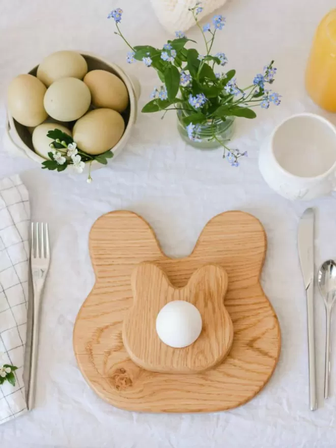 Breakfast Set Bunny Toast Board & Egg Cup birds eye view with an egg resting in the egg cup