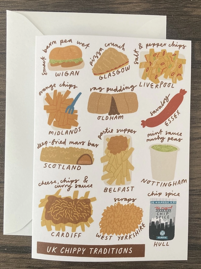 Greetings card illustrated with different chippy traditions around the UK, like deep-fried mars bar in Scotland