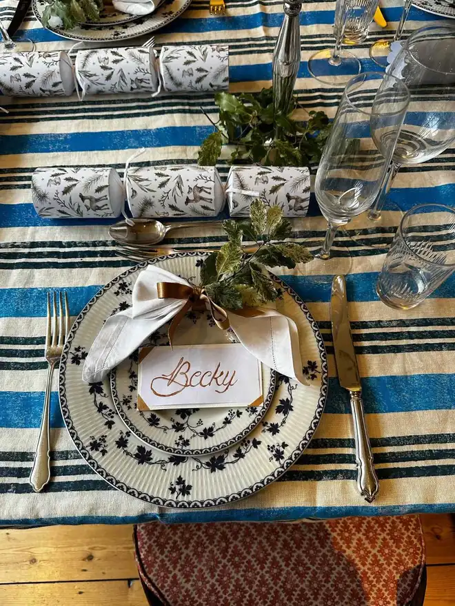 Blue Stripe Tablecloth with table setting 