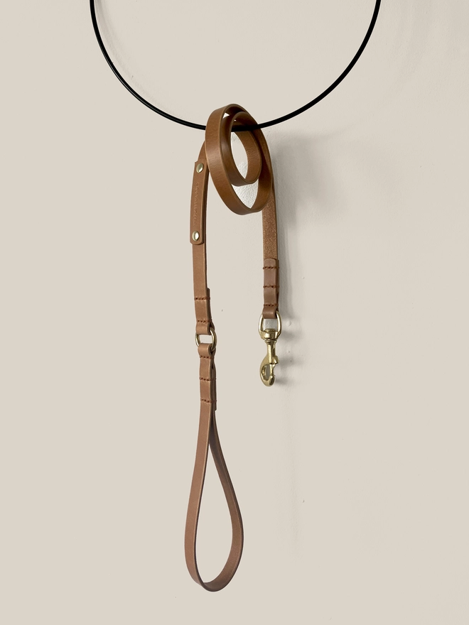 caramel leather dog lead hung up