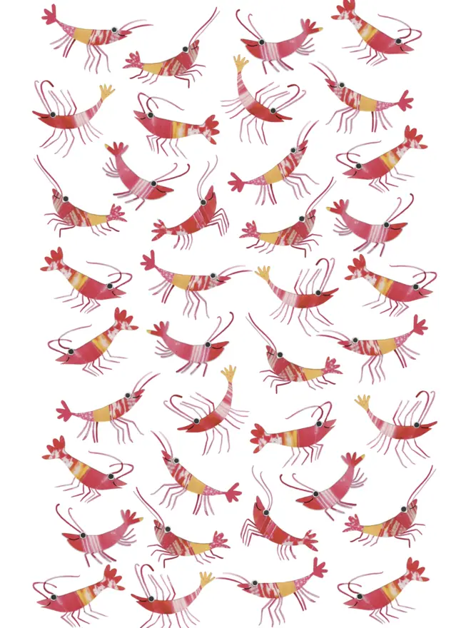 Sarah Millin, Prawn Party Tea Towel, Prawn Repeat Pattern. 