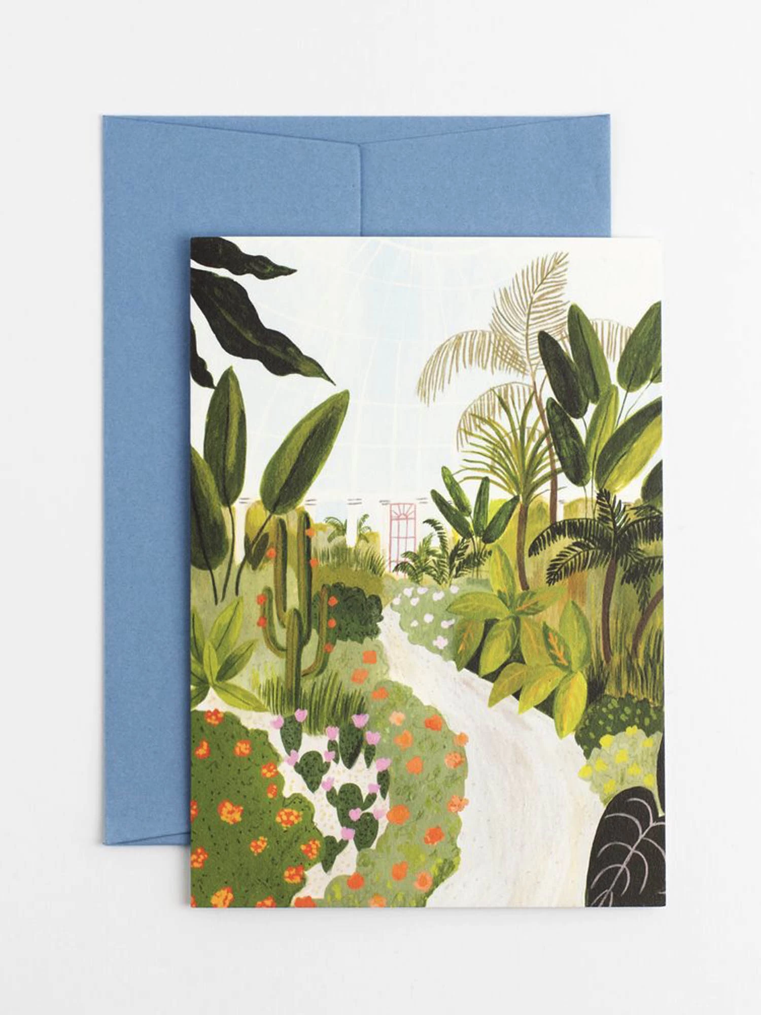 An illustrated greetings card featuring the inside of a tropical palm house. 