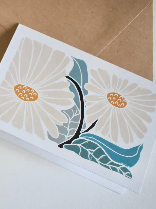 daisy linocut greeting card
