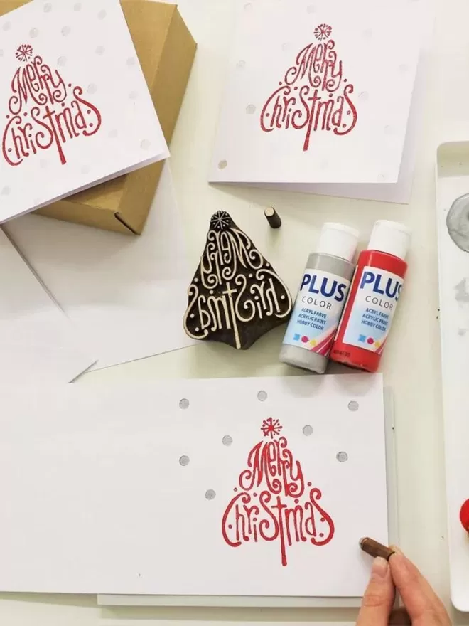 Indian Block Printing Kit - Merry Christmas Tree Cards