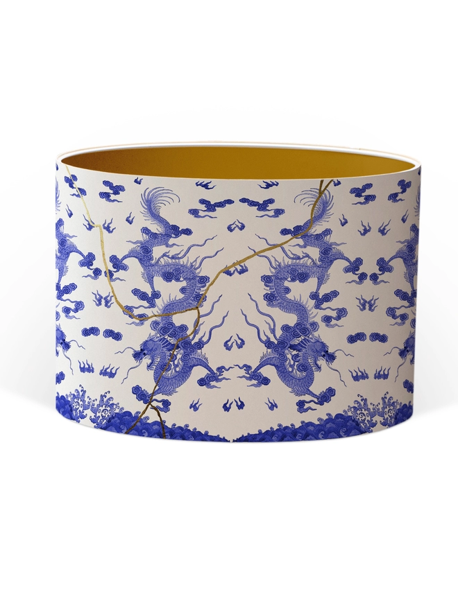 Drum Lampshade blue and white kintsugi inspired featuring Japanese dragons with a Gold inner on a white background