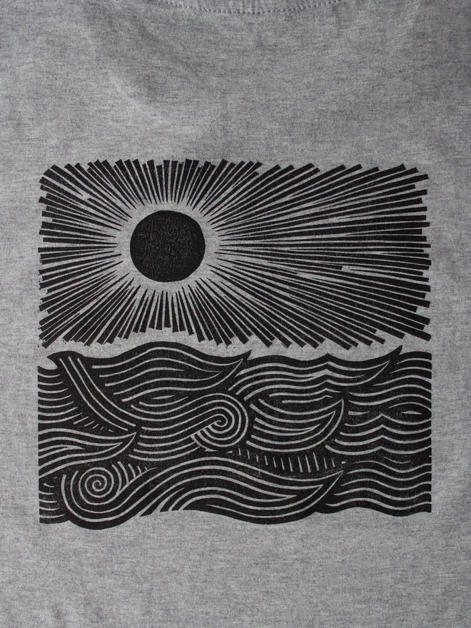 linocut back print on t-shirt