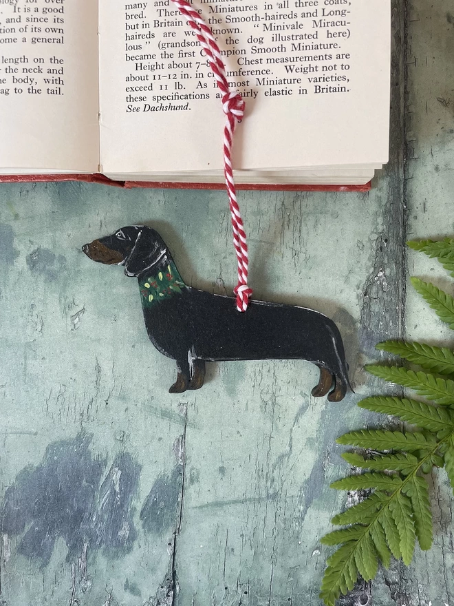 Dachsund Dog Christmas decoration laid on a book 
