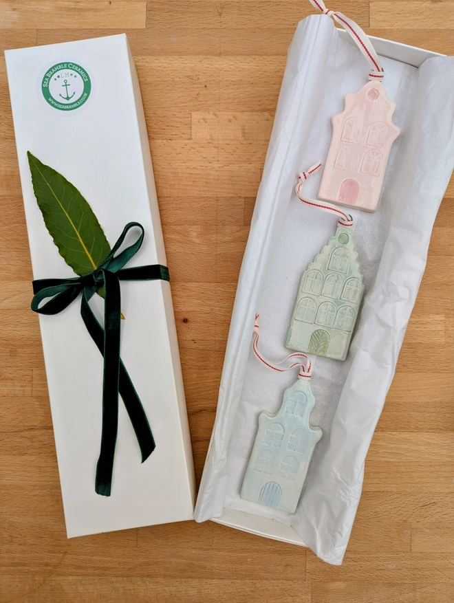 Packaged Christmas tree decorations by Sea Bramble Ceramics 