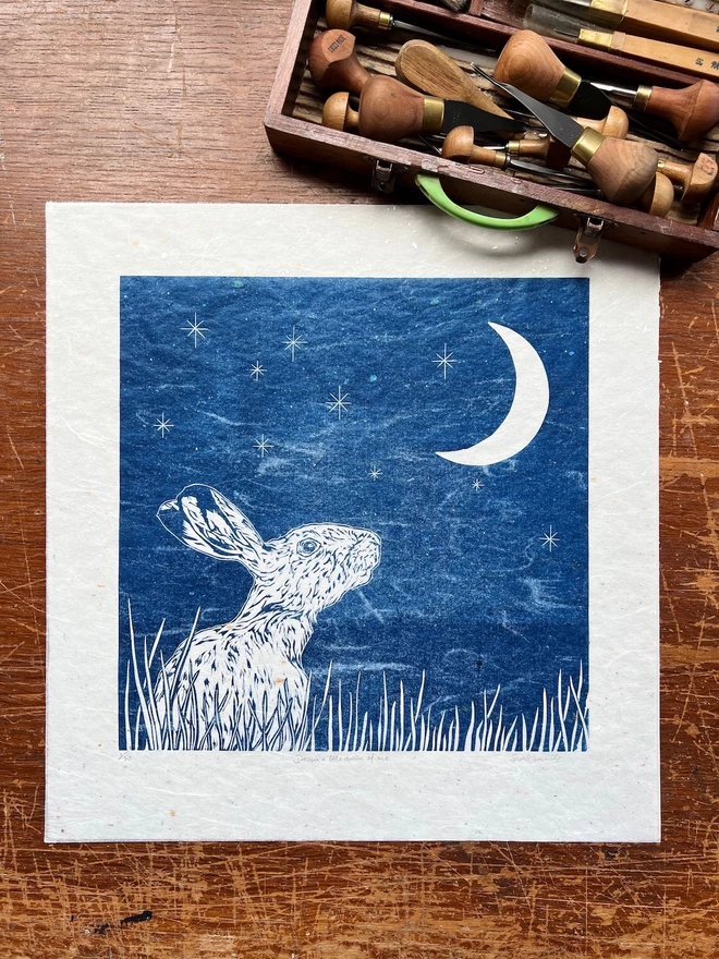 dream a little dream of me hare and moon linocut