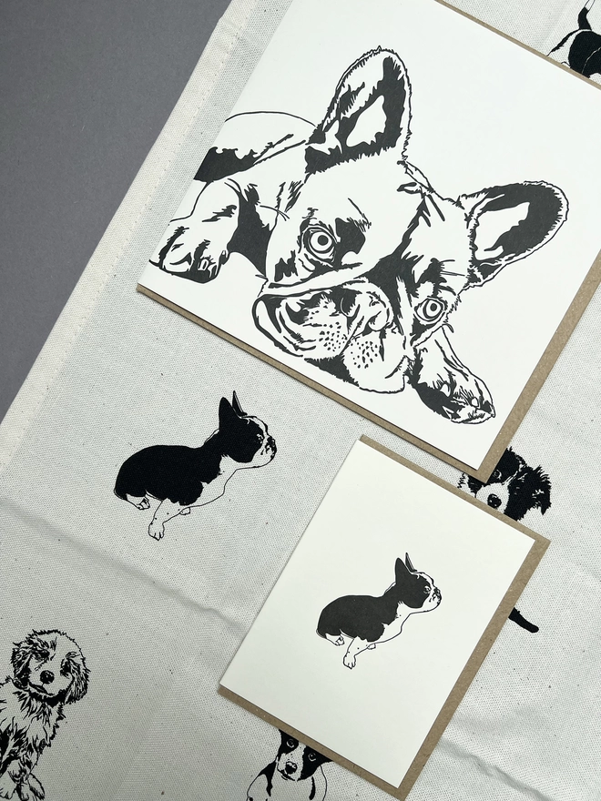 Frenchioe big and little card next to the Frenchie on the tea towel