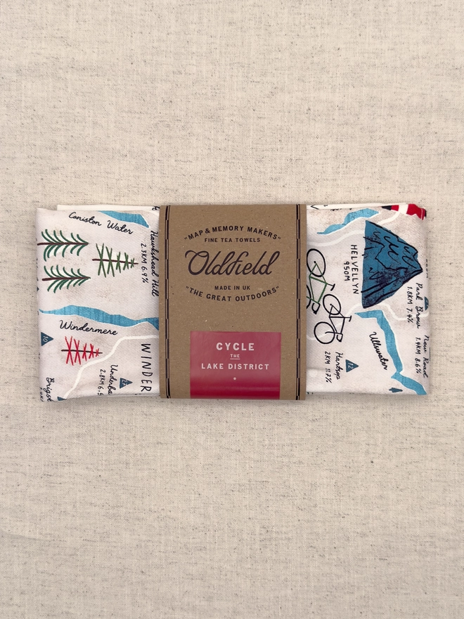 Cycle the Lakes Map Tea Towel Folded Front